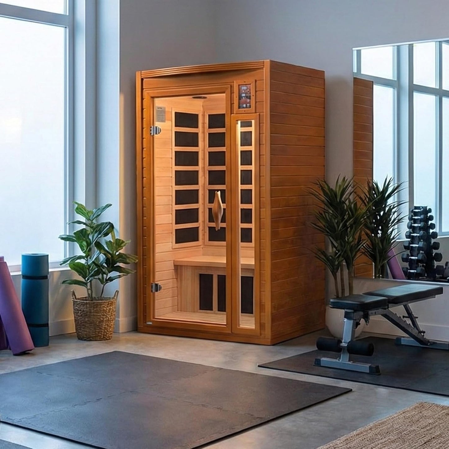 DYNAMIC SAUNAS Barcelona 1-2 Person Infrared Sauna with Red Light Therapy | 1-2 Person Indoor Dry Heat Sauna for Home & Gym, Low EMF FAR, 360° Heating, Bluetooth, Solid Canadian Hemlock, Spacious Cabin
