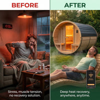 Paxton 4-6 Person Traditional Cedar Outdoor Barrel Sauna with Electric Sauna Heater, Front Porch, Sauna Rocks, Dry Heat, Steam Sauna, LED Lights, Wi-Fi Panel, Sauna Accessories — Before & After