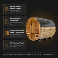 Paxton 4-6 Person Traditional Cedar Outdoor Barrel Sauna with Electric Sauna Heater, Front Porch, Sauna Rocks, Dry Heat, Steam Sauna, LED Lights, Wi-Fi Panel, Sauna Accessories — Results & Stats