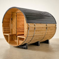 Paxton 4-6 Person Traditional Cedar Outdoor Barrel Sauna with Electric Sauna Heater, Front Porch, Sauna Rocks, Dry Heat, Steam Sauna, LED Lights, Wi-Fi Panel, Sauna Accessories — Studio Shot