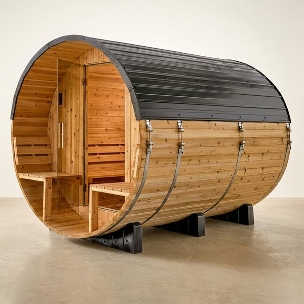 Paxton 4-6 Person Traditional Cedar Outdoor Barrel Sauna with Electric Sauna Heater, Front Porch, Sauna Rocks, Dry Heat, Steam Sauna, LED Lights, Wi-Fi Panel, Sauna Accessories — Studio Shot