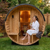 Paxton 4-6 Person Traditional Cedar Outdoor Barrel Sauna with Electric Sauna Heater, Front Porch, Sauna Rocks, Dry Heat, Steam Sauna, LED Lights, Wi-Fi Panel, Sauna Accessories — Lifestyle
