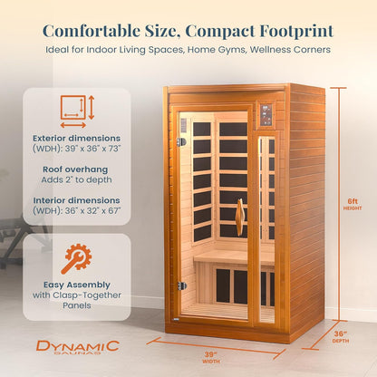 DYNAMIC SAUNAS Barcelona 1-2 Person Infrared Sauna with Red Light Therapy | 1-2 Person Indoor Dry Heat Sauna for Home & Gym, Low EMF FAR, 360° Heating, Bluetooth, Solid Canadian Hemlock, Spacious Cabin