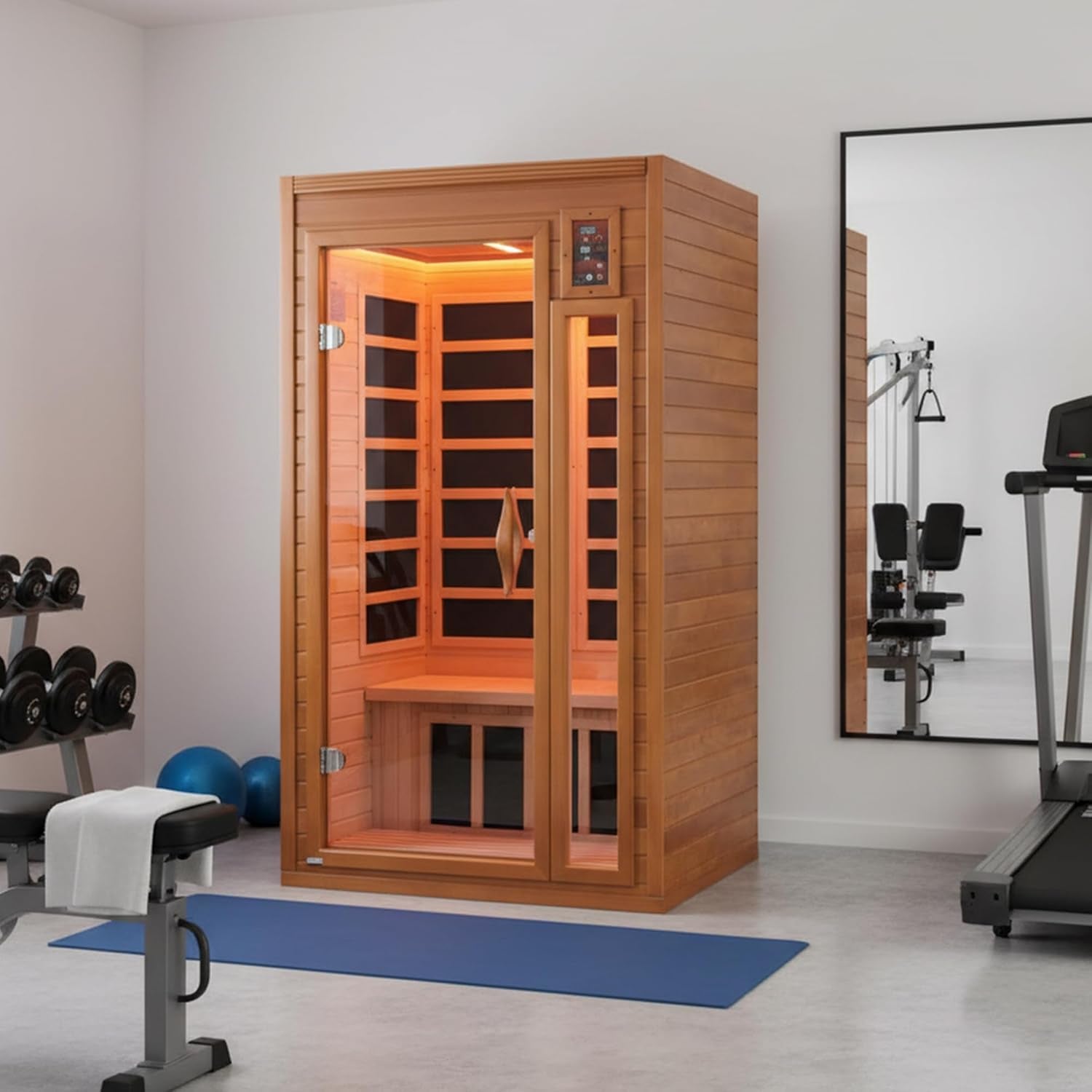 DYNAMIC SAUNAS Barcelona 1-2 Person Infrared Sauna with Red Light Therapy | 1-2 Person Indoor Dry Heat Sauna for Home & Gym, Low EMF FAR, 360° Heating, Bluetooth, Solid Canadian Hemlock, Spacious Cabin