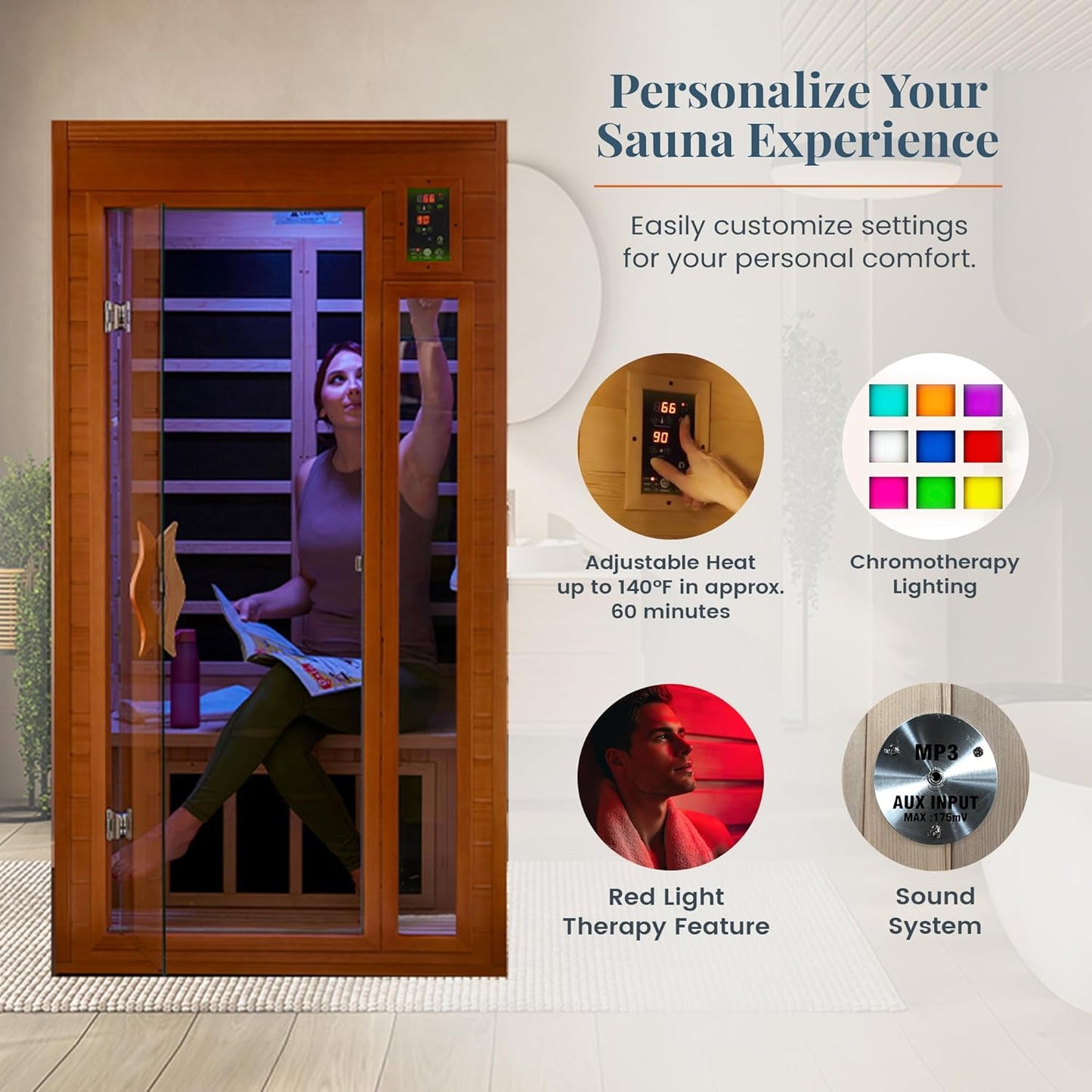 DYNAMIC SAUNAS Barcelona 1-2 Person Infrared Sauna with Red Light Therapy | 1-2 Person Indoor Dry Heat Sauna for Home & Gym, Low EMF FAR, 360° Heating, Bluetooth, Solid Canadian Hemlock, Spacious Cabin