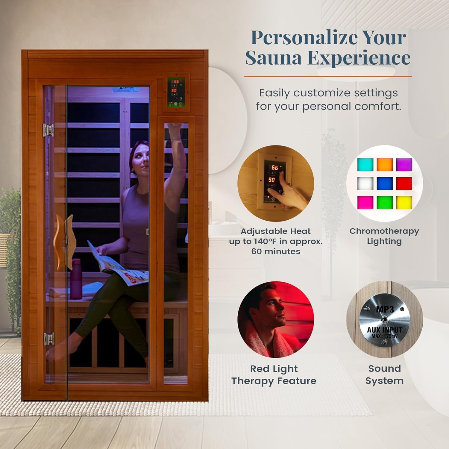 DYNAMIC SAUNAS Barcelona 1-2 Person Infrared Sauna with Red Light Therapy | 1-2 Person Indoor Dry Heat Sauna for Home & Gym, Low EMF FAR, 360° Heating, Bluetooth, Solid Canadian Hemlock, Spacious Cabin